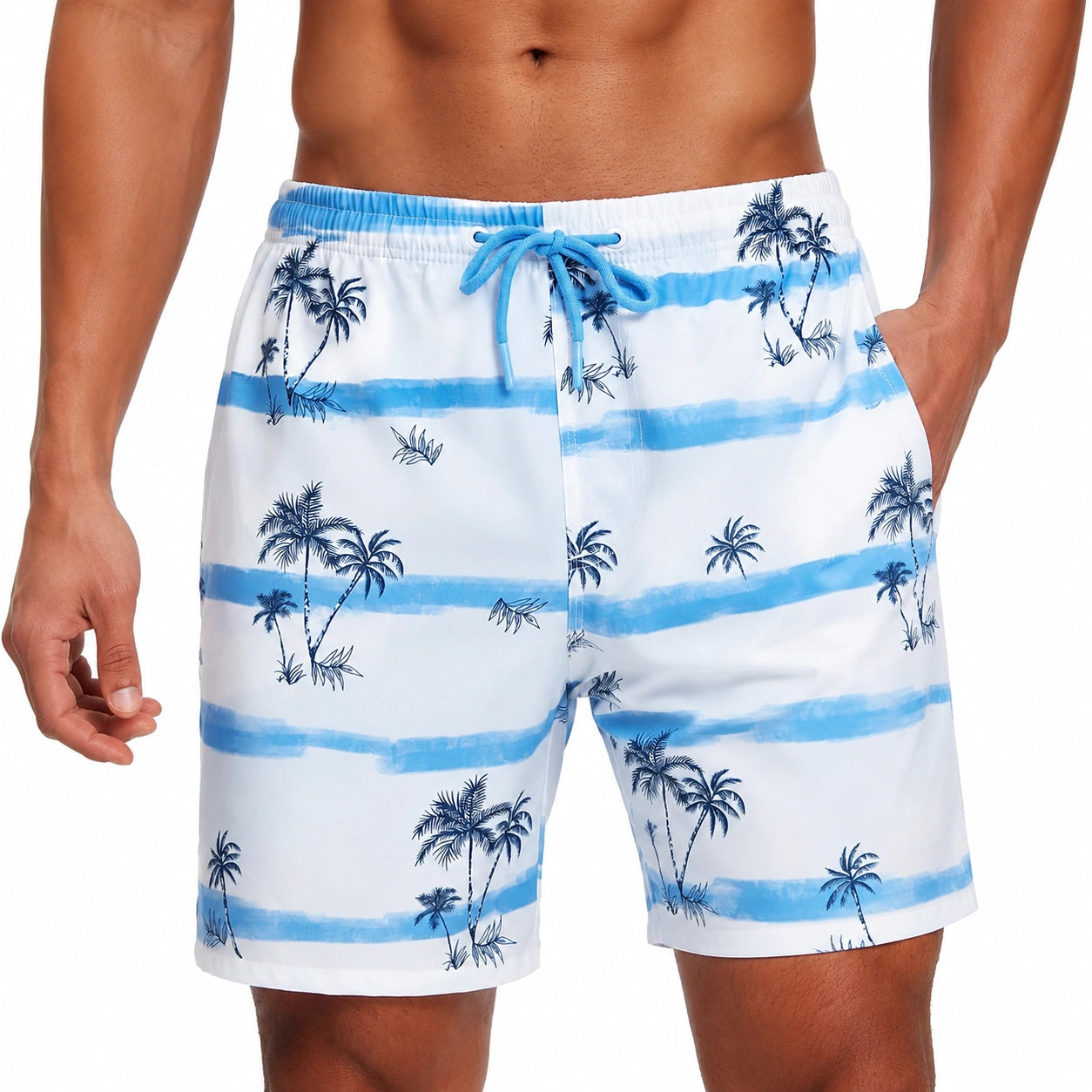 Badehose Herren Größe L Weiß Hellblau mit Palmenmuster und Kordelzug