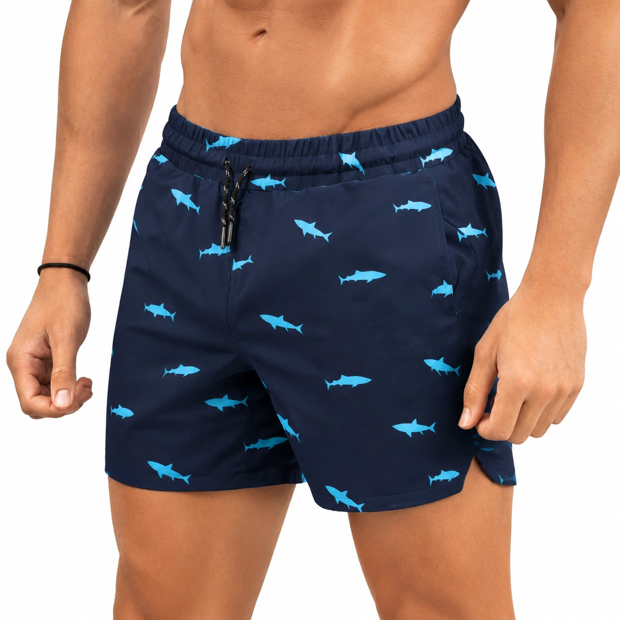 Herren Badeshorts XL aus Textilgewebe in Dunkelblau mit Hai-Print und Kordelzug