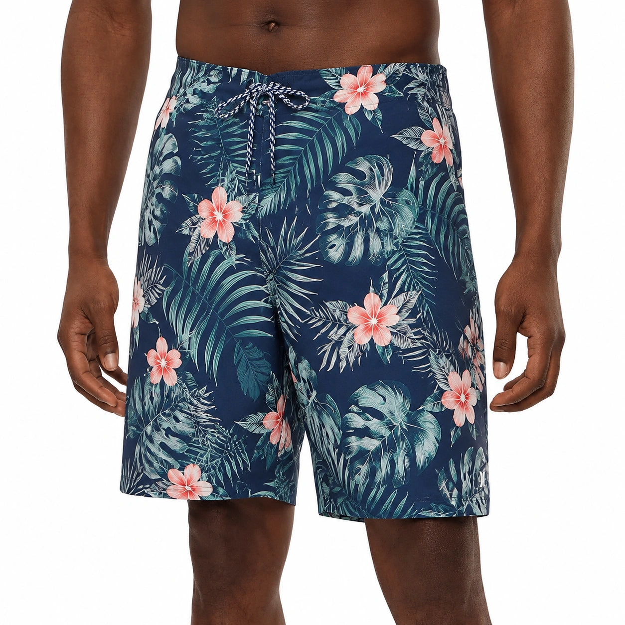 Herren Badeshorts M dunkelblau mit Blumenmuster und Kordelzug