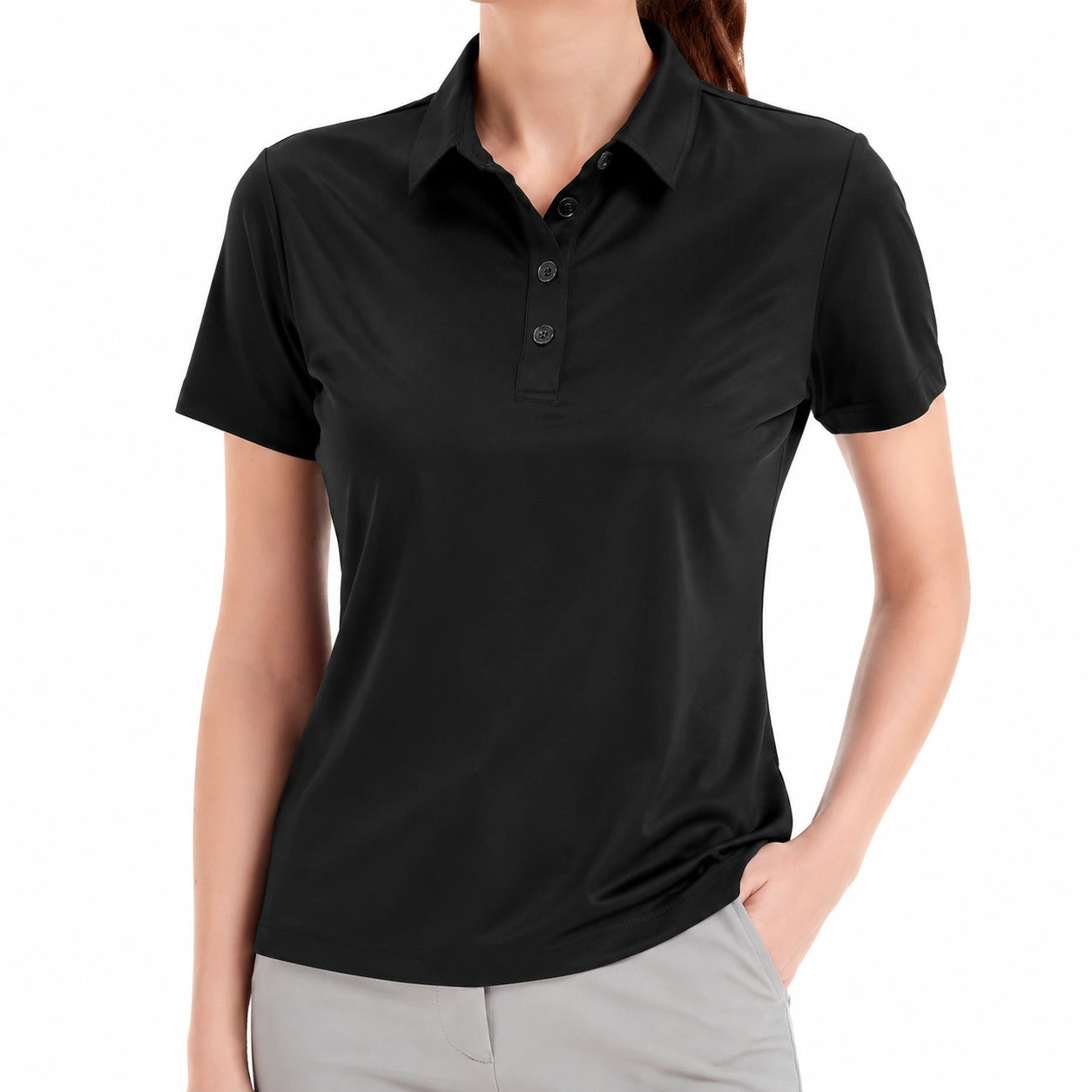 Damen Poloshirt Größe S aus glattem Textilgewebe in Schwarz mit Kurzarm