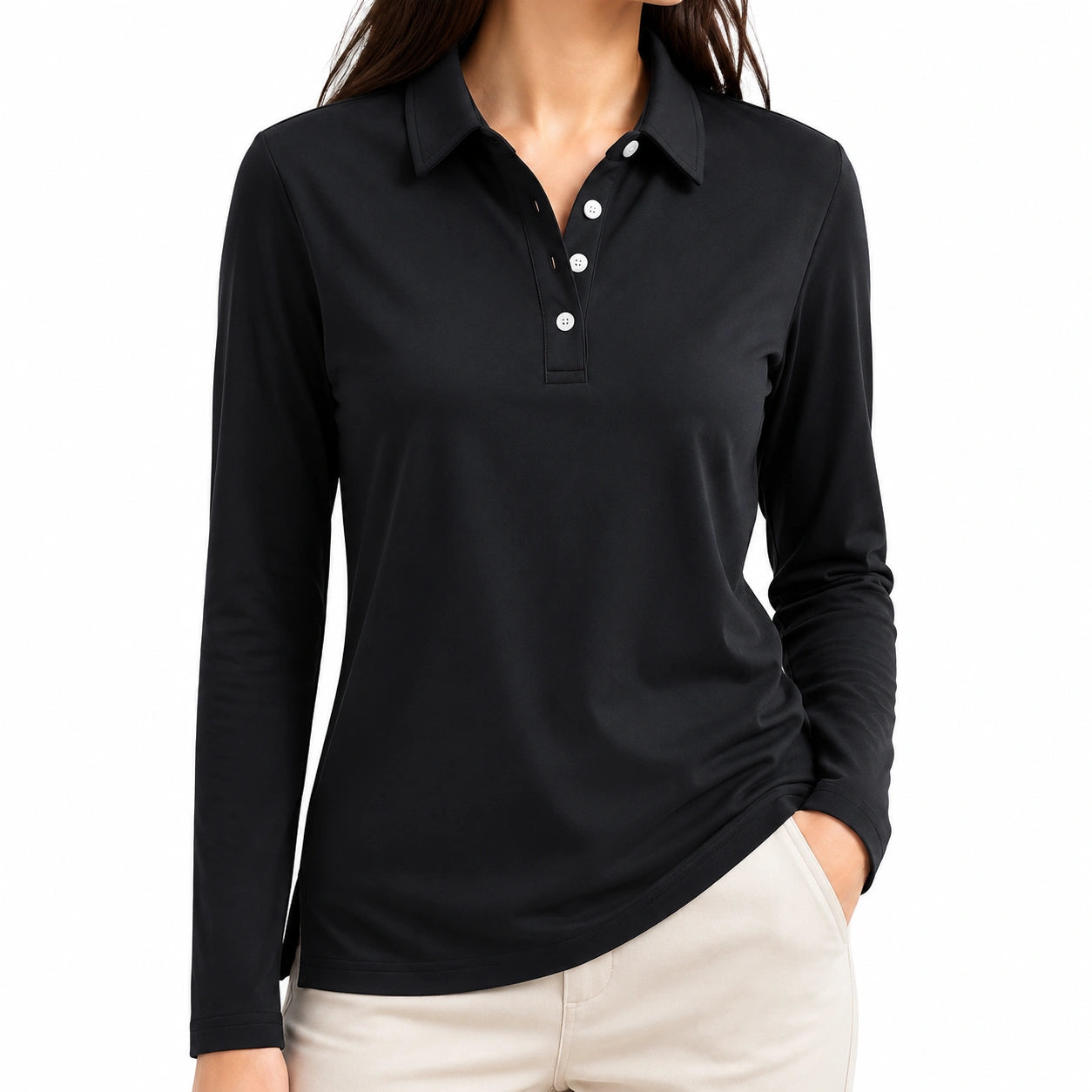 Damen Langarm-Poloshirt Größe S Schwarz glattes Textilgewebe mit Knopfleiste