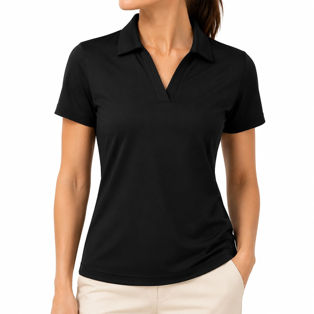 Damen Poloshirt Größe M schwarzes Textil Kurzarm mit V-Ausschnitt