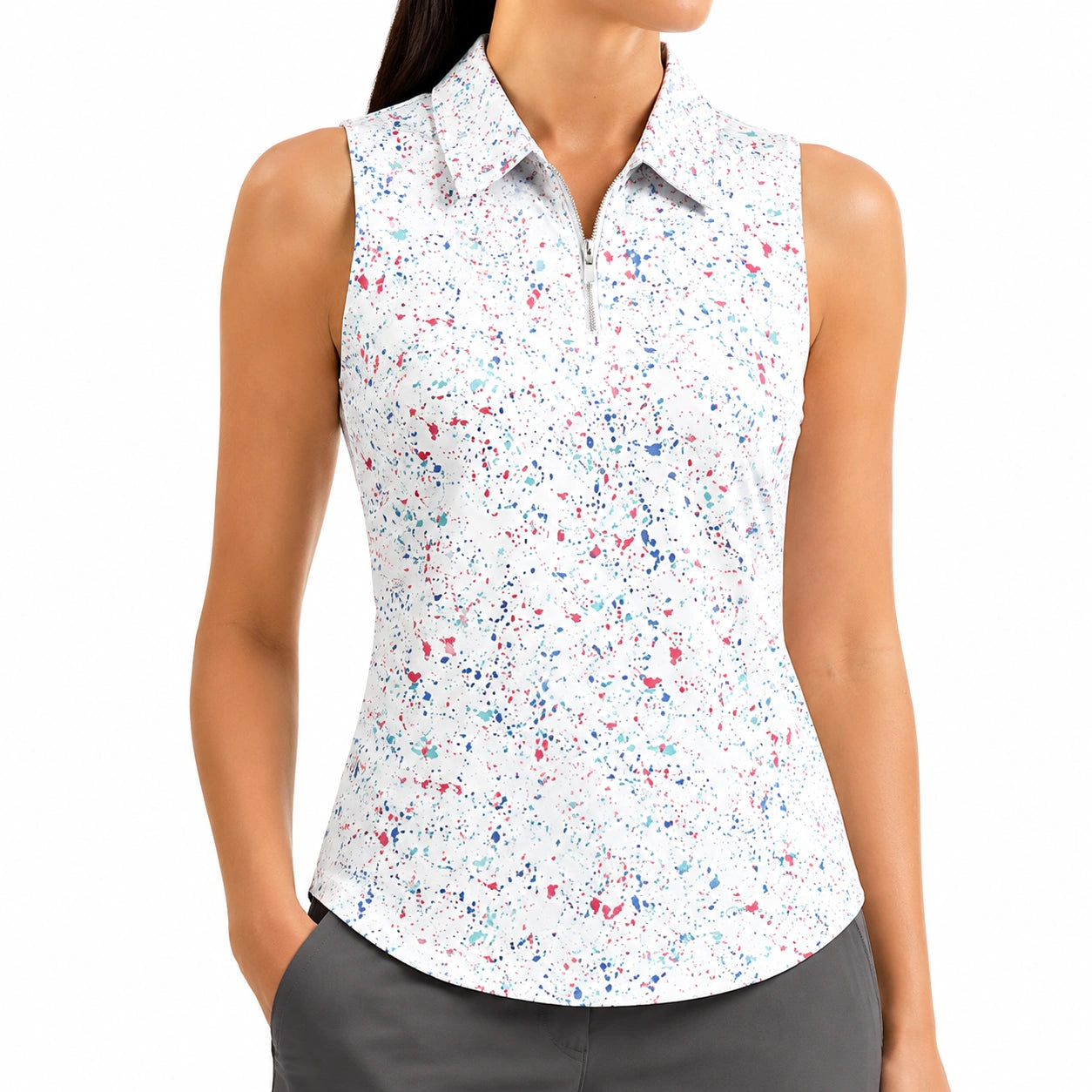 Damen Poloshirt Größe L Weiß ärmellos mit Farbspritzermuster und Reißverschluss