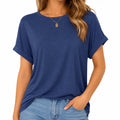 Damen T-Shirt Größe M blau locker Kurzarm mit Umschlagärmeln