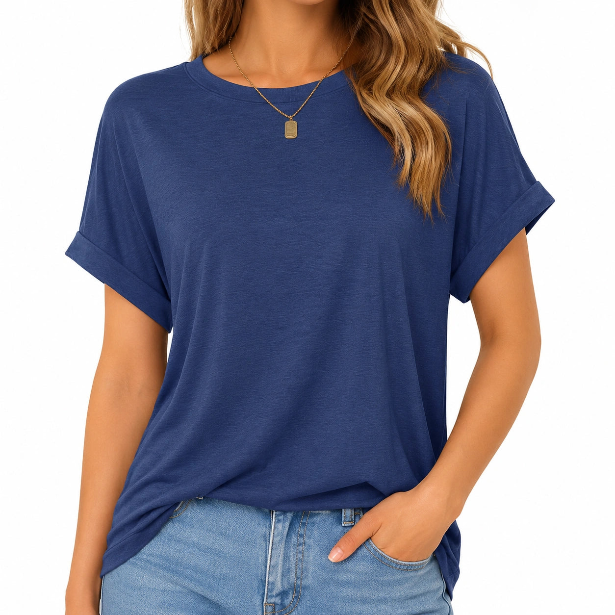 Damen T-Shirt Größe M blau locker Kurzarm mit Umschlagärmeln