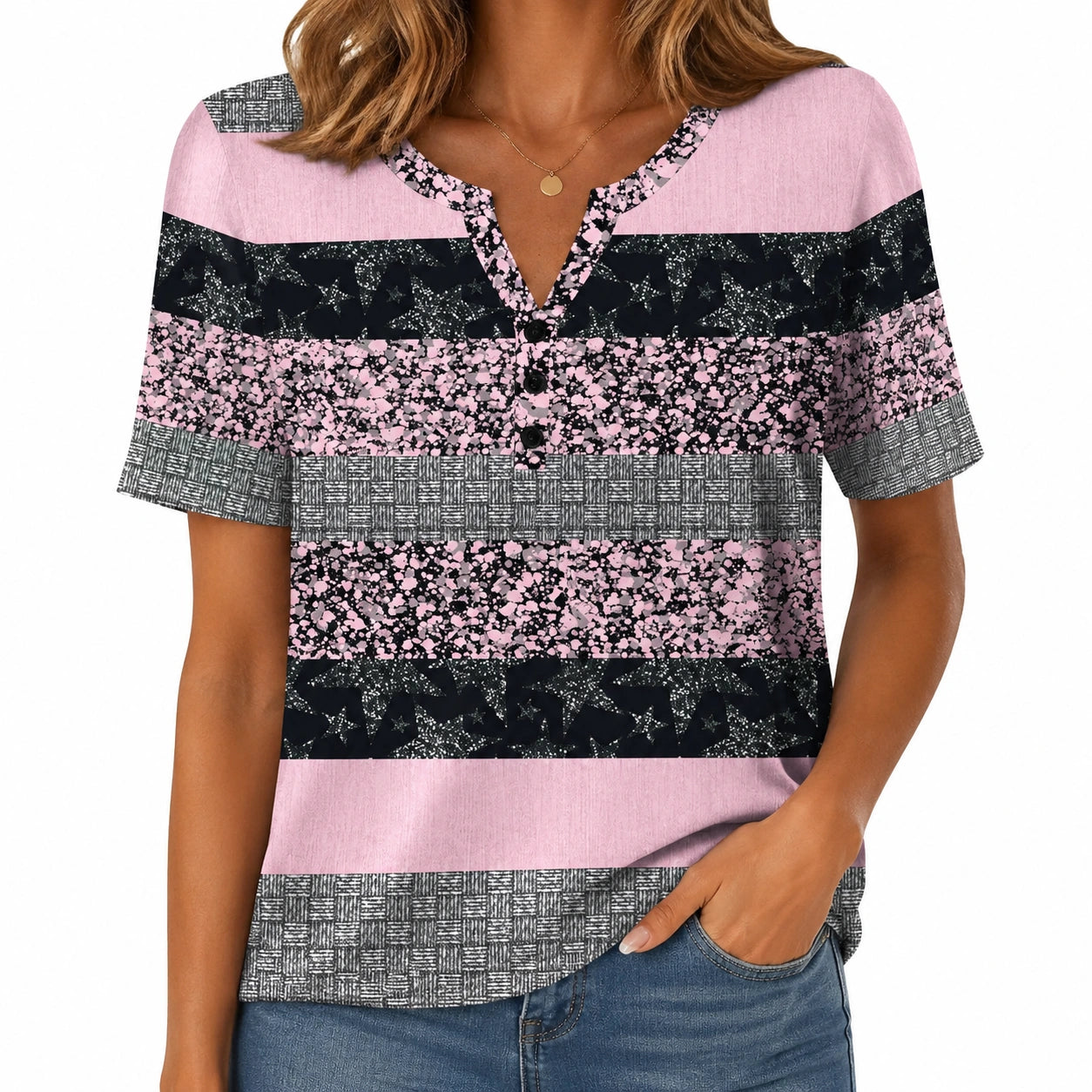 Damen T-Shirt Größe S Rosa Schwarz Grau Kurzarm Streifenmuster V-Ausschnitt