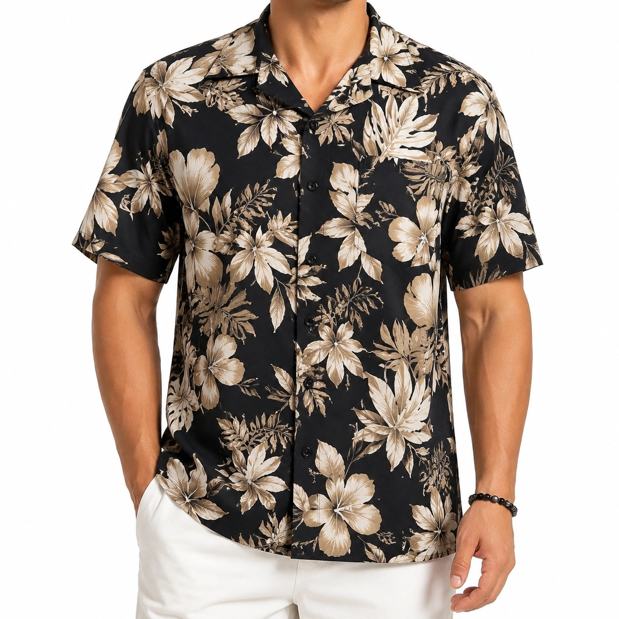 Herren Kurzarmhemd L aus Stoff in Schwarz Beige mit Blumenmuster im Freizeitstil