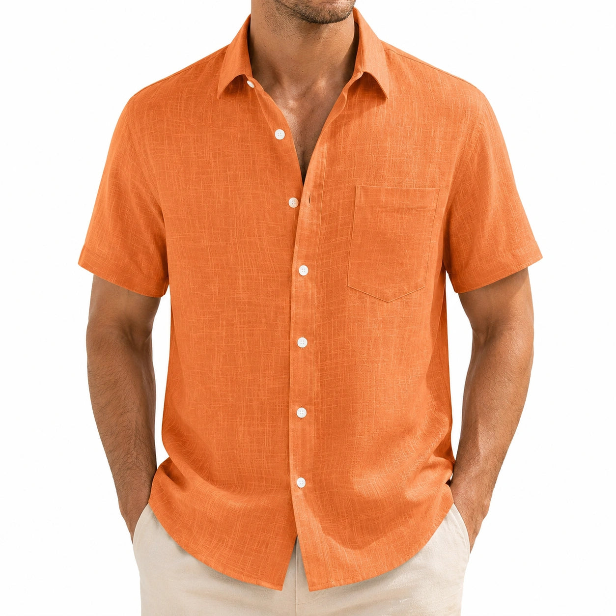 Herren Kurzarmhemd M Orange mit Brusttasche und Knopfleiste