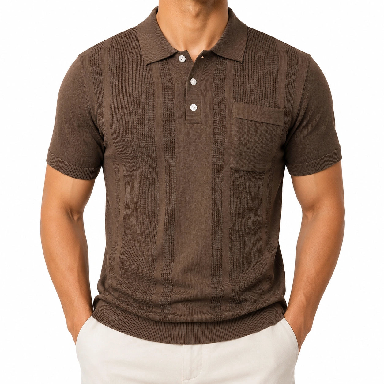 Herren Strick-Poloshirt XL Braun mit Strukturmuster und Brusttasche