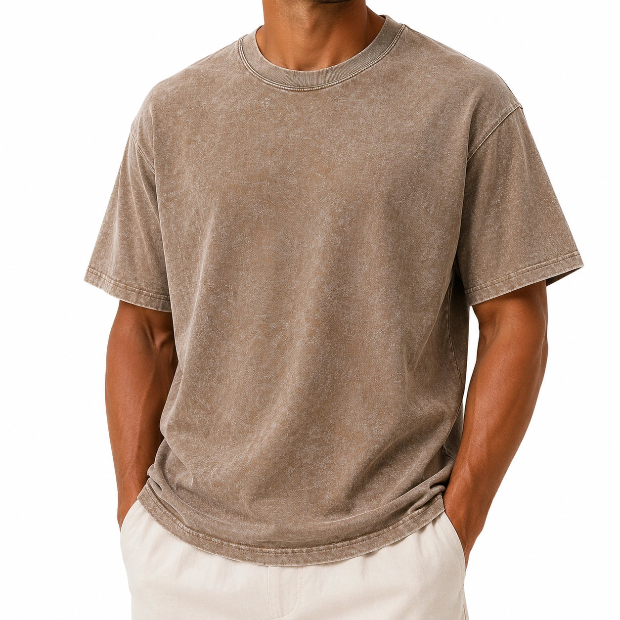 Herren T-Shirt M Taupe Kurzarm Rundhals Freizeit Vintage-Look