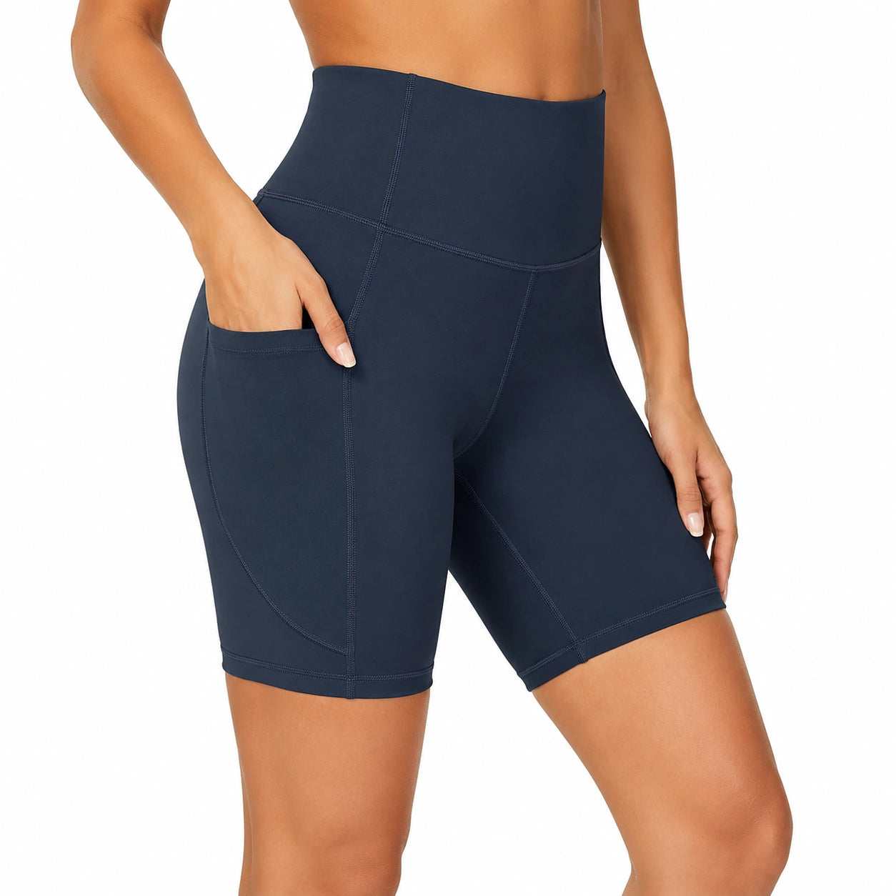Damen Radlerhose Größe M aus elastischem Funktionsstoff Dunkelblau mit hoher Taille und Seitentasche