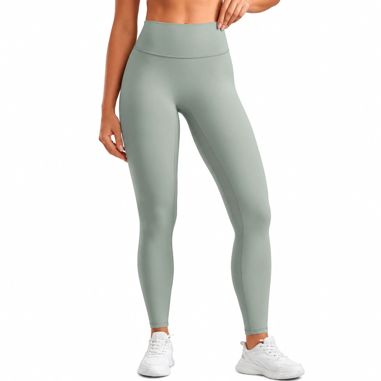 Damen Sportleggings Größe L aus elastischem Synthetikmaterial Salbeigrün mit hohem Bund
